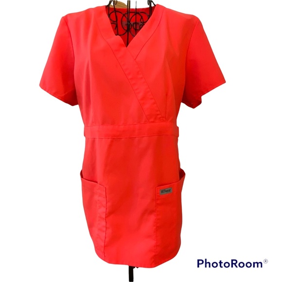 Grey’s Anatomy Bright Orange V Neck Scrub Top Adjustable Side Button Tabs Sz M - Picture 2 of 10